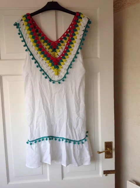 MATALAN WHITE Hem Crochet Beach Dress or Pool Cover Up S 8 10 Pom Pom Sold Out 12.99 PicClick UK
