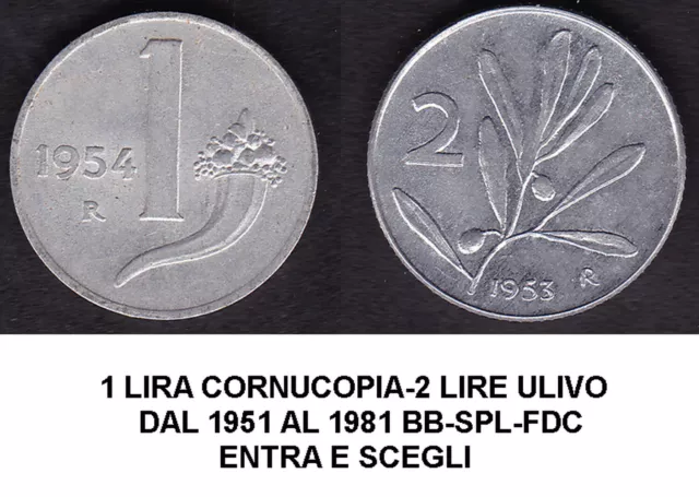 1 Lira Cornucopia-2 Lire Ulivo Dal 1951 Al 1981 Bb-Spl-Fdc Entra E Scegli