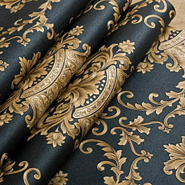 Luxury 3D Vinyl Wallpaper Wall Paper Rolls Textured Metallic Damask Black & Gold