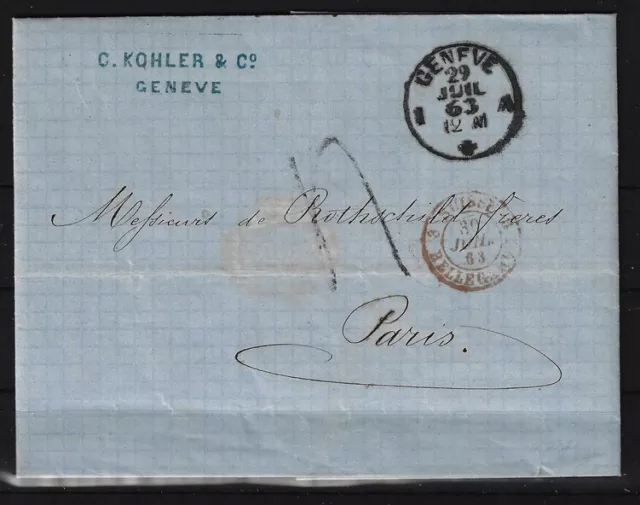 N774) Schweiz alter Beleg gelaufen 1863 von Genf nach Paris