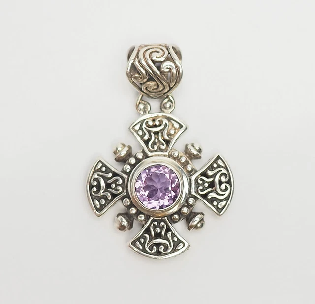 Vintage orange sterling silver and amethyst Maltese Cross pendant