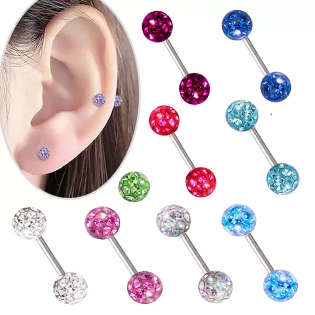 2pc Steel Double Crystal Ball Barbell Ear Cartilage Helix Tragus Stud Earrings