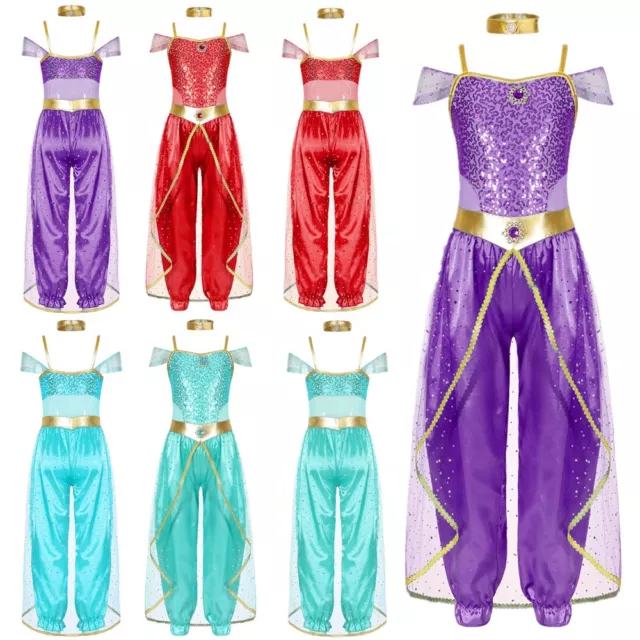 Girls Arabian Princess Costume Shiny Jumpsuit Cosplay Dance Dress Up Performance