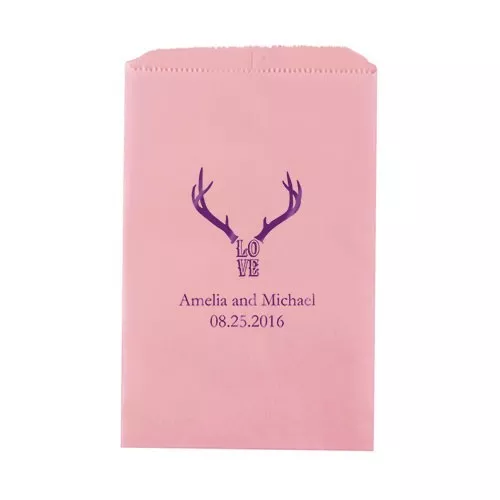 50 Love Antlers Rustic Western Personalized Flat Paper Goodie Bag Wedding Favors