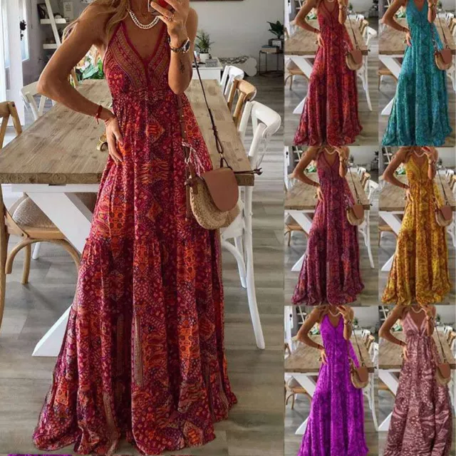 V-Neck Long Maxi Dress Womens Summer Boho Sundress Printed Strappy Holiday