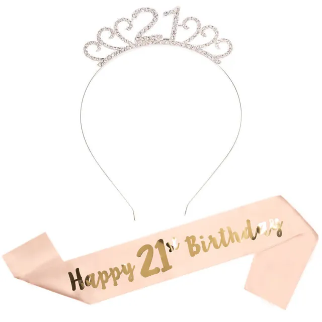 Rose Gold Birthday Tiara Rhinestone Headband Crown Sash Party Girl Women Gift