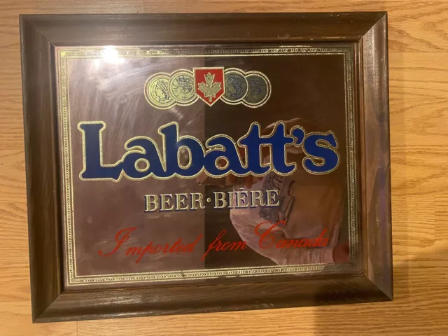 Labatt's Canadian Beer Biere Wood Framed Bar Tavern Mirror Smoky Glass Blue Gold