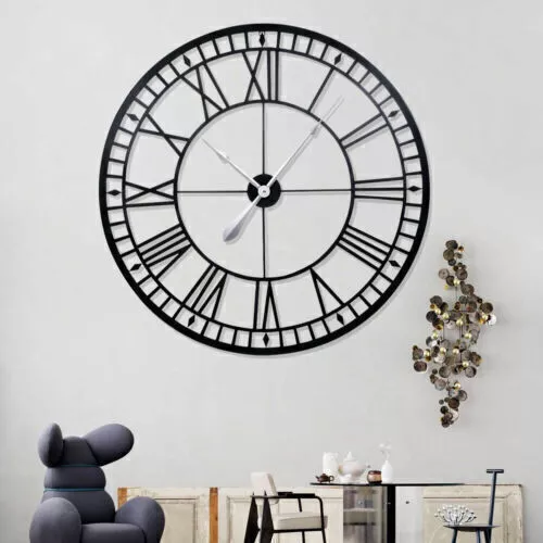 50CM Handmade Large Wall Clock Metal Clock Roman Numerals Black Wall Clock AU 2