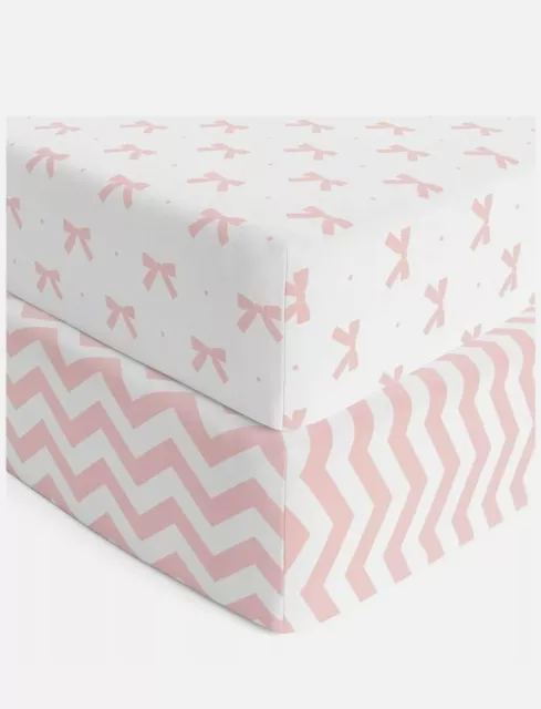 Cuddly Cubs 2 Fitted Portable CRIB Sheets PINK Chevron & Bows *NeW* (BB)