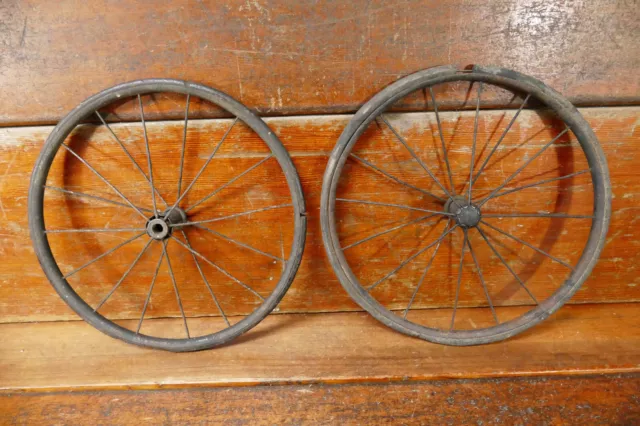 Antique 13” Hard Rubber Metal Spoke Wheels - Set Of 2 - Wagon Buggy Bicycle Cart
