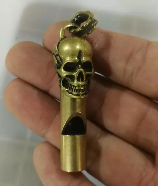 Old Chinese archaize brass copper handmade skull head whistle key ring