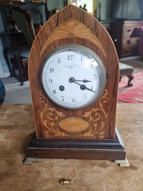 Late 19thc Mahogany  Inlay Lancet Top Mantel clock BENETFINK &CO NO PENDULUM