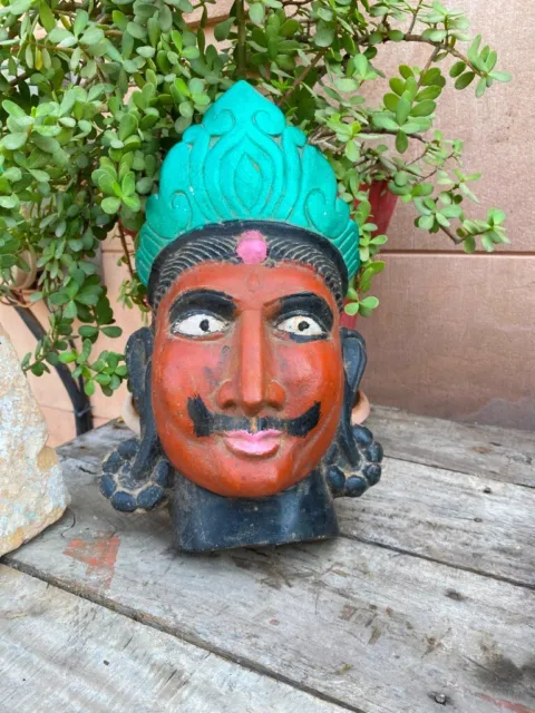 1700's Ancient Old Wooden Hand Carved Painted Hindu God Head Sculpture Statue
