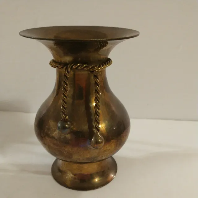 Vintage Solid Brass Vase with Tassel Rope Tie, Made in India 5 Inches Tall