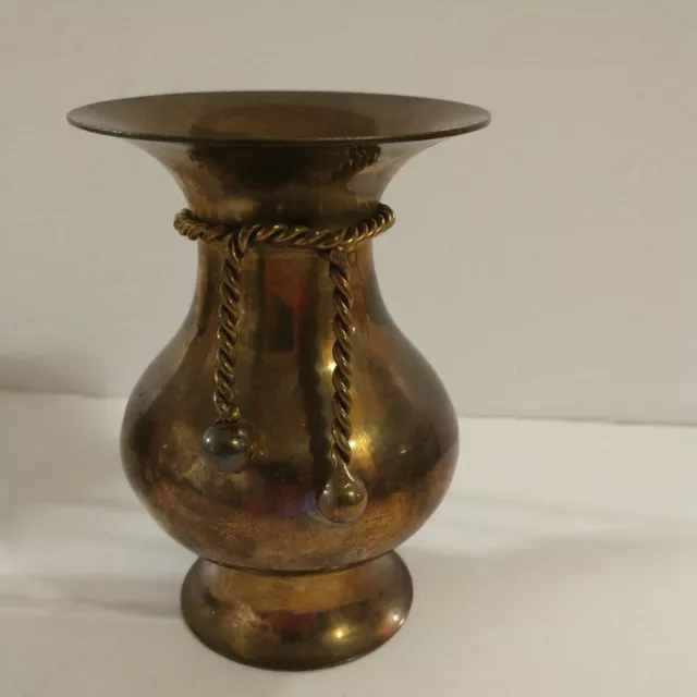 Vintage Solid Brass Vase with Tassel Rope Tie, Made in India 5 Inches Tall