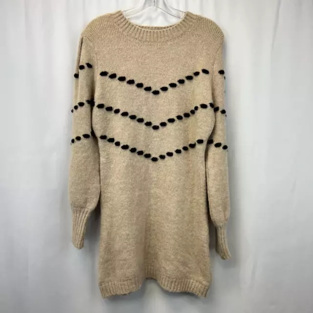 Lush Womens Tunic Sweater Beige Black Long Sleeve Jewel Neck Waffle Knit S