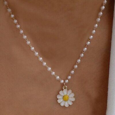 Elegant Daisy Flower Pearl Pendant Necklace Clavicle Chain Women Party Jewellery