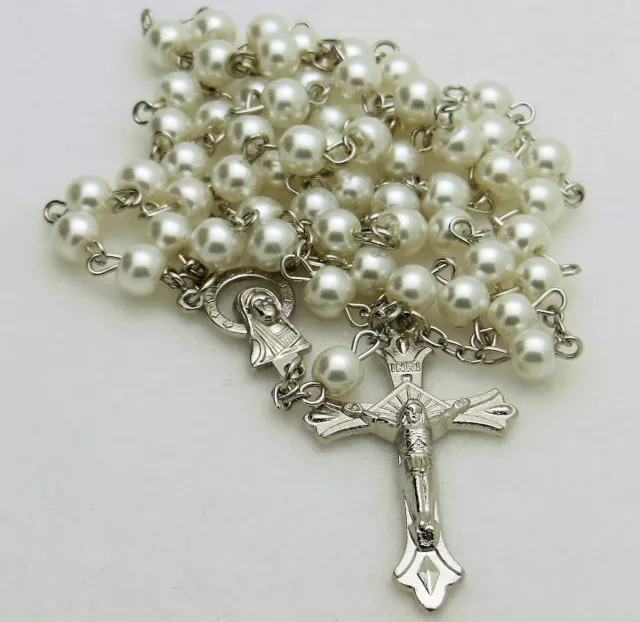 Traditional White Glass Pearl Catholic Prayer Rosary Beads