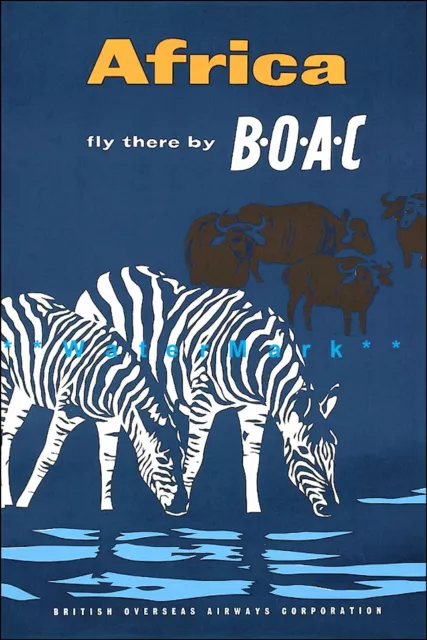 Africa 1957 Fly British Airline Zebras Vintage Poster Print Travel Tourism