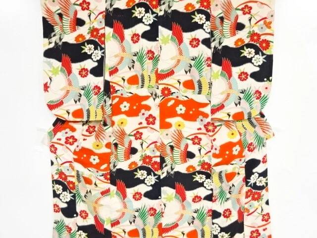 46924# Japanese Kimono / Antique Kimono For Girls / Cranes & Floral Plants W