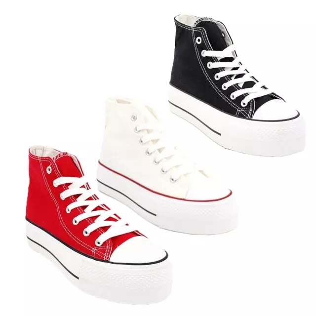 Ladies Canvas High Top Trainers  Womens Platform Flatform Lace Up Sneakers Shoes