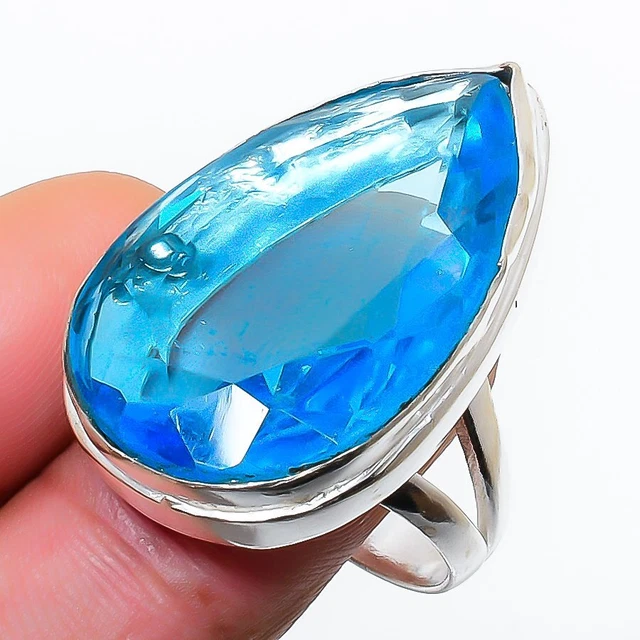 Swiss Blue Topaz Gemstone Handmade Gift Jewelry Ring Size 8.5 E379