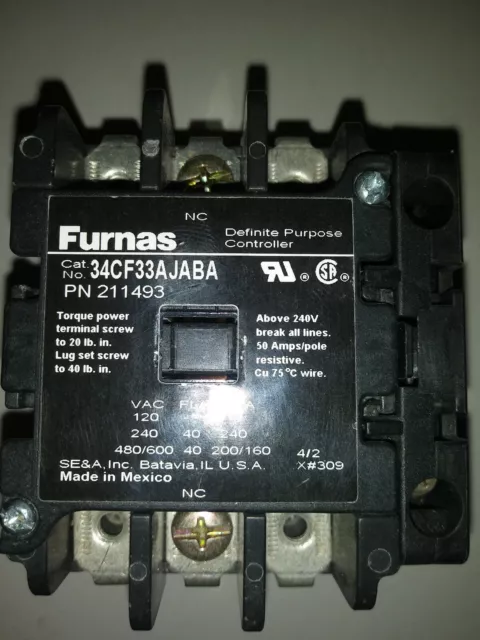 definite purpose contactor Furnas 3 pole 2 NO and 1 NC 240V 40AMP 24V COIL 
