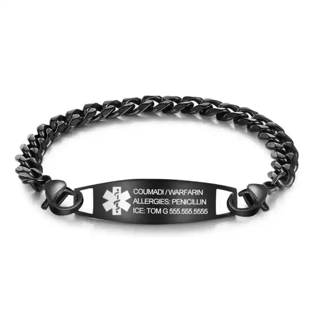 STYLISH BLACK STAINLESS Steel Personalized Medical Alert Bracelet $34. ...