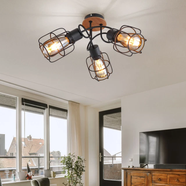 EGLO Suspension Luminaire LED Boyal, Lustre Chambre à 3 Flammes, Plafonnier Dimmable En Métal Noir, Bois Flambé Et Plastique Pour Salon Ou Salle à