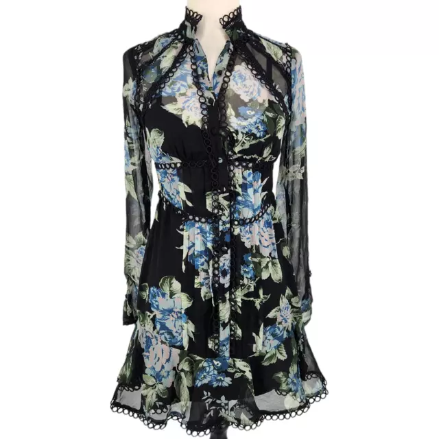 ASOS DESIGN Dark Floral Lace Trim Mini Dress w  Cut Out Back Sheer Long Sleeves