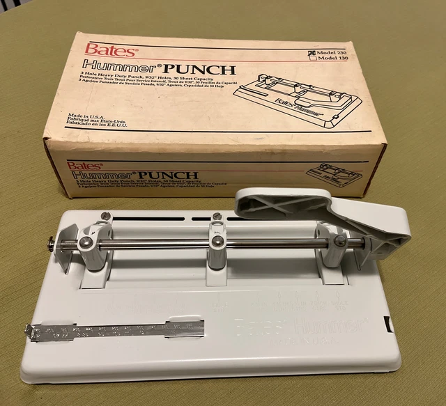 Vintage Bates Hummer Heavy Duty Metal Adjustable 3 Hole Paper Punch Model 230