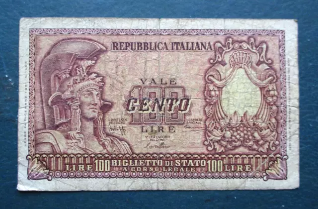 Old Banknote Of Italy 100 Lire 1951 Alegoric Italia