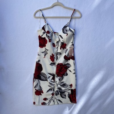 HAUTE MONDE Zip Front Red White Floral Bodycon Sun Dress Size L Sleeveless New!