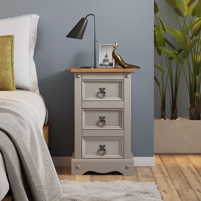 Corona Bedside Cabinet 3 Drawer Grey Wax Table Unit Pine by Mercers Furniture®