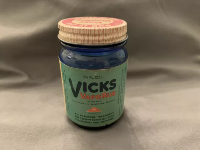 Vicks VapoRub Jar Cobalt Blue Glass Bottle w Label & Red White Tin Cap 3 3/4 Oz