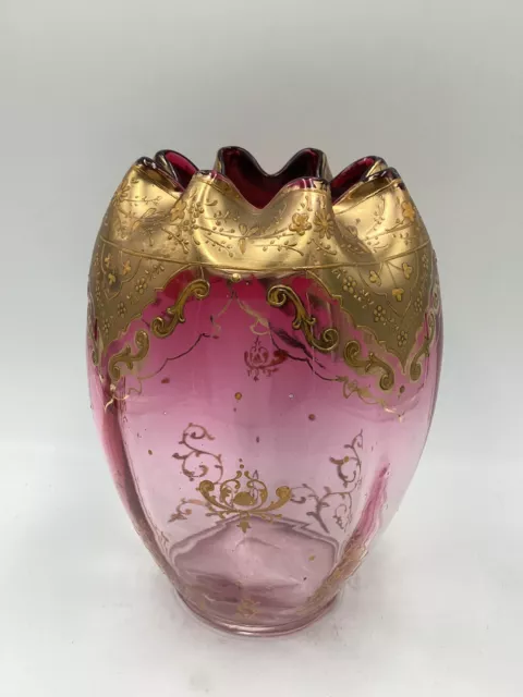 Antique Moser Bohemian Czech Cranberry Gilt Gold Fluted Vase Glass Filigree