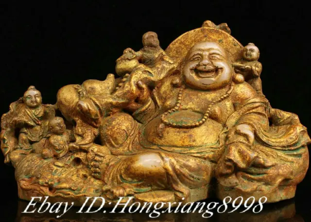 11.8" Old China White Jade Gilt Happy Laugh Maitreya Buddha 5 Kid Tongzi Statue