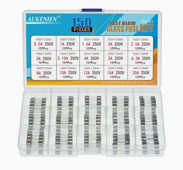 Fusibili vetro Kit 150 pcs,5x20mm Kit Assortimento di Fusibile in Vetro.