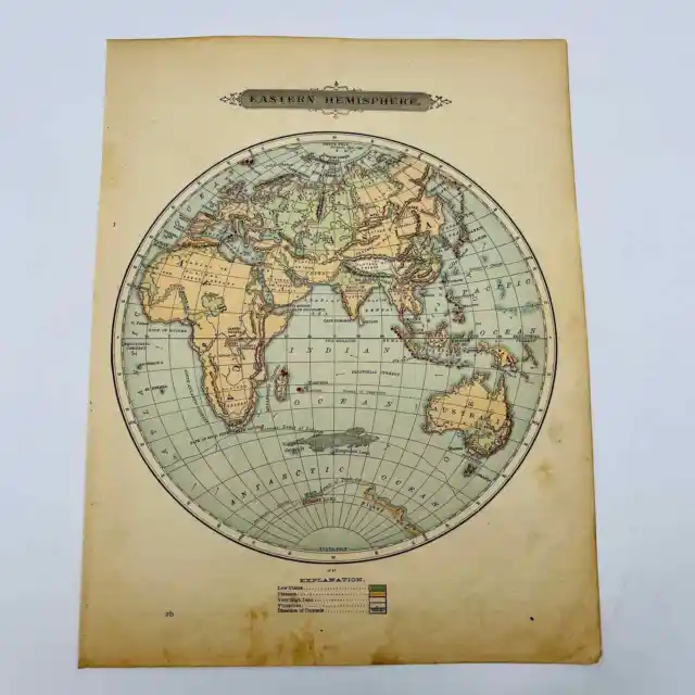 1896 Harper’s School Geography Physical Map of EASTERN HEMISPHERE Color 9x12 FL1