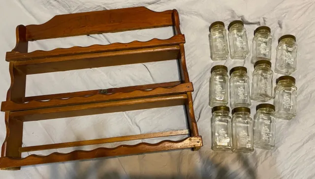 vintage wooden spice rack with 11 Glass jars