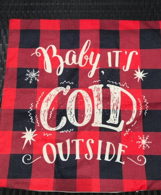 Funda de almohada a cuadros Holiday Baby It's Cold Outside roja negra búfalo 17,5 x 17,5