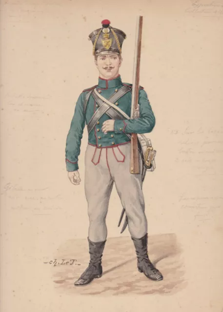 ✒ 1900 Charles LE TOURNEUR aquarelle originale Armée Allemagne Tirailleur 1861