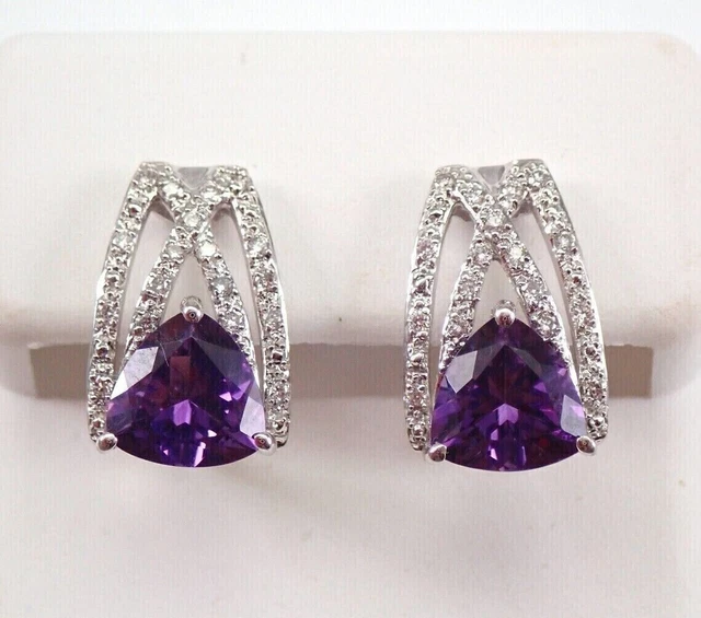 4Ct Trillion Cut Lab Created Amethyst Hoop Earrings 14K White Gold Finish
