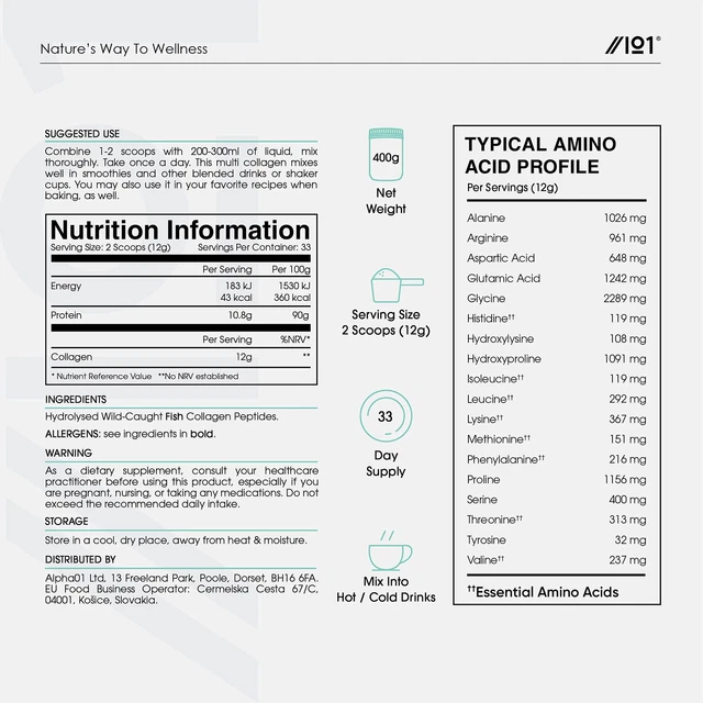 Mainer 1 ALPHA01 MARINE COLLAGEN Protein Powder Type 1 & 3 Unflavoured 400g £34. ...