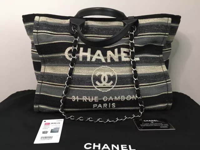CHANEL Canvas Calfskin Striped Large Deauville Tote Black White 1228422