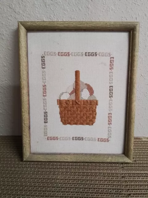 vintage needlepoint framed wall art, basket of eggs 9x11