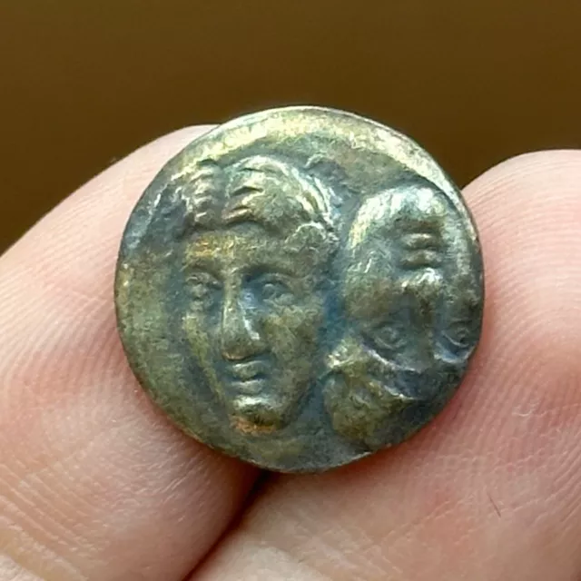 Very Rare Ancient Greek Unique Two Faces Image Bronze Coin