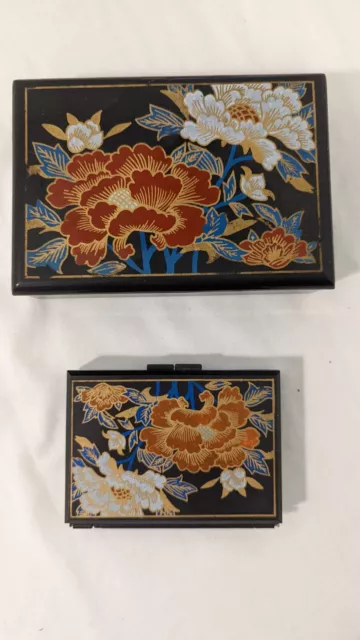Vintage Set 1980s black Asian Floral travel tissue box & Jewelry Case ORIENTAL