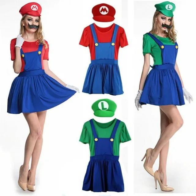 Womens Adult Super Mario and Luigi Fancy Dress Plumber Bros Halloween Costume UK
