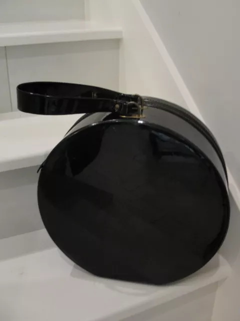 Vintage Patent Leather Black Hat/ Wig Box. Inside pocket zippered closure.